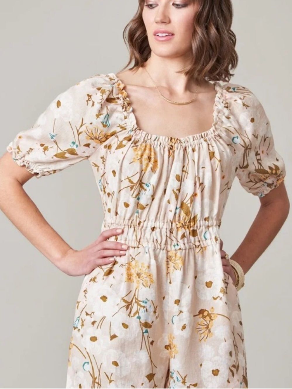 Spartina 449 100% Linen Cream Floral Smocked Waist Natural Romper Accents XS
